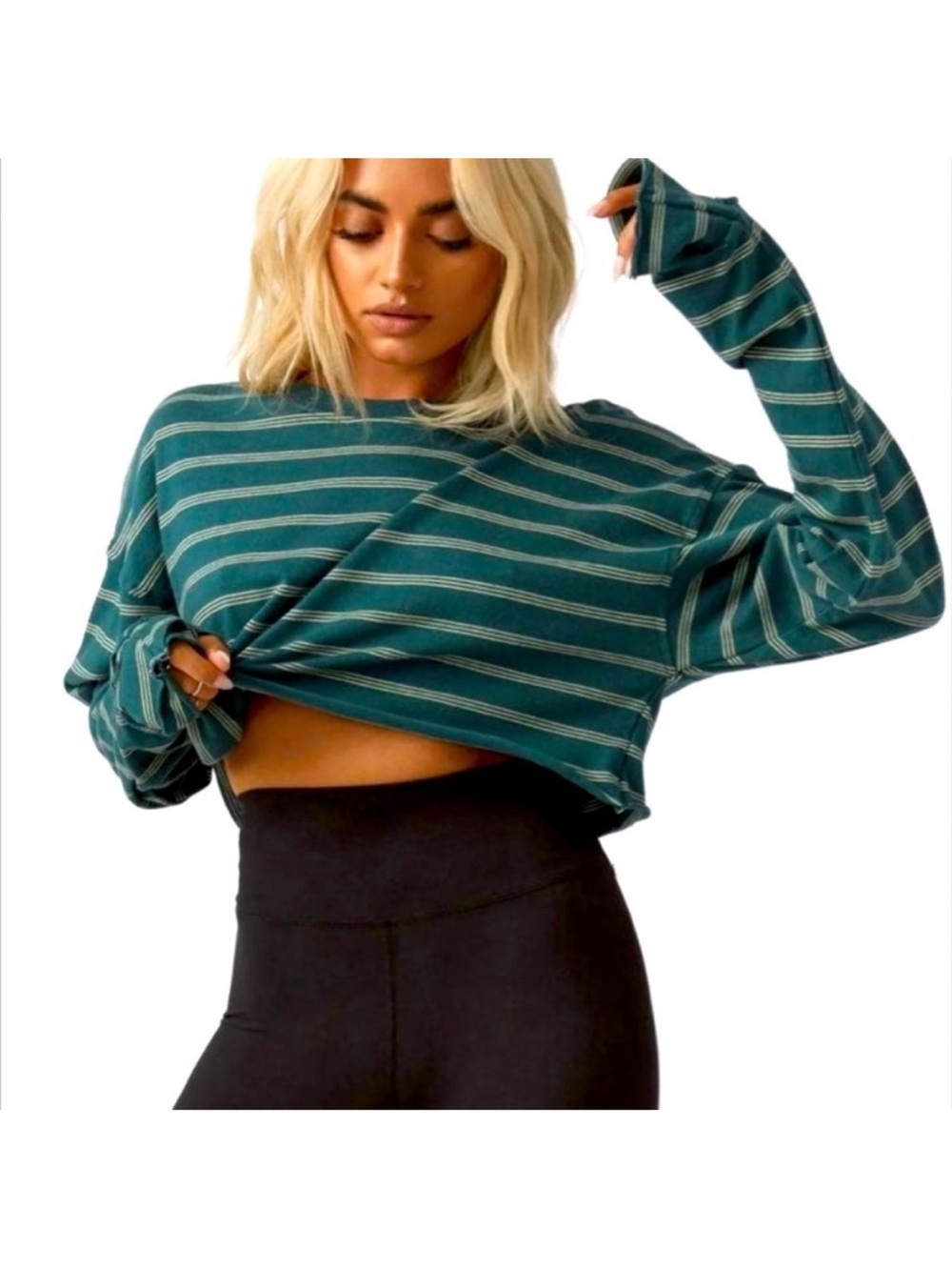 Joah Brown Soho Crop Striped Cropped Long-Sleeve Top Green OS